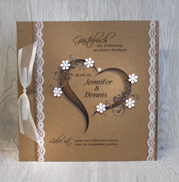 Gästebuch zur Hochzeit 11015 Kraftkarton mit echter Spitze Die Karte