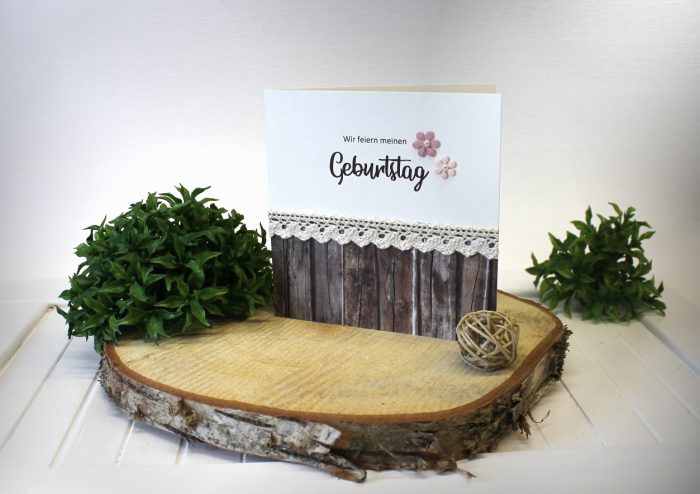 Einladung zum Geburtstag Holzoptik mit echter Spitze incl. Einlegeblatt & Umschlag Design 95006