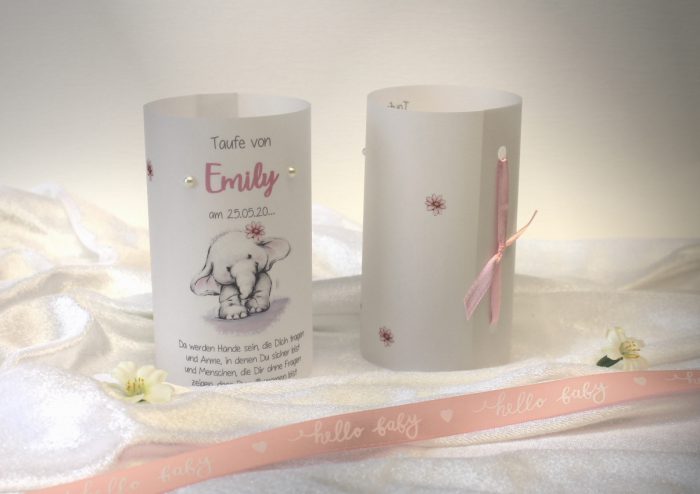 Lichthülle, Windlicht Pergament zur Taufe "kleiner Elefant" rosa oder hellblau personalisiert Design 201 – Bild 2