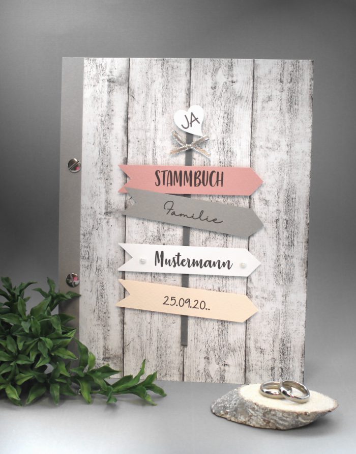 Stammbuch mit Namen 80041 Holzoptik "Wegweiser" A5 in 5 Farben