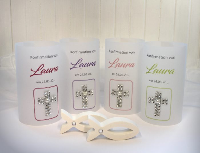 Lichthülle, Windlicht Pergament "Strasskreuz" Konfirmation oder Kommunion, in 4 Farben, Design 100 zum kleinen Preis!