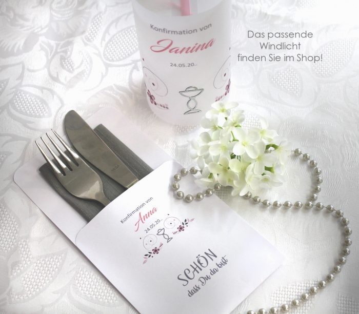 Bestecktasche zur Konfirmation - Kommunion, Firmung oder Taufe "Kelch" in 5 Farben, personalisiert, Design 101 in grün-türkis-rosa-bordeauxrot oder lila