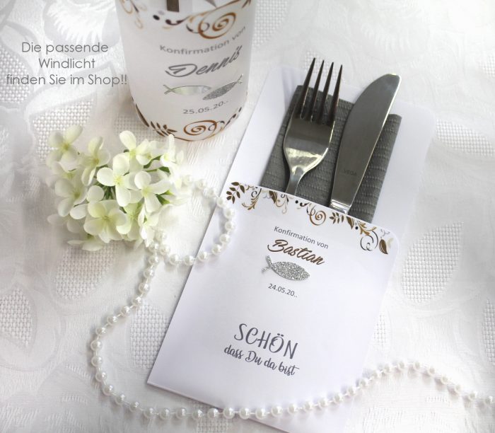 Bestecktasche zur Konfirmation - Kommunion "Ornament mit Fisch"personalisiert, Design 106 in blau-beere-nude-grün – Bild 5