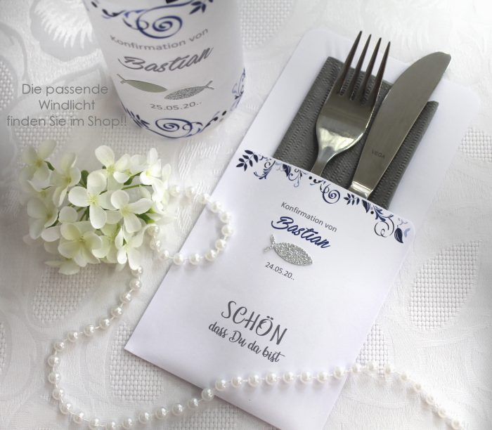 Bestecktasche zur Konfirmation - Kommunion "Ornament mit Fisch"personalisiert, Design 106 in blau-beere-nude-grün – Bild 4