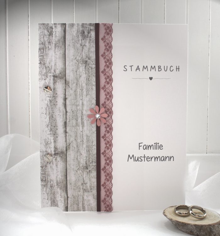 Stammbuch mit Namen Holzoptik mit echter Spitze und Blüte 12019, A5, zum kleinen Preis