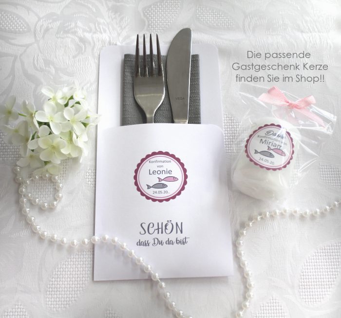 Bestecktasche zur Konfirmation, Kommunion oder Taufe "Fisch" personalisiert, Design 300 in rosa-lila-grün-blau-türkis-altrosa – Bild 3