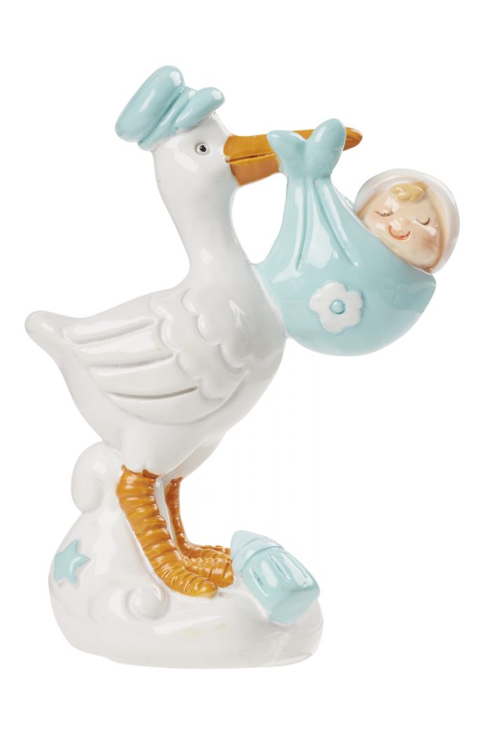 Figur Storch mit Baby hellblau, ideal als Deko 3870643