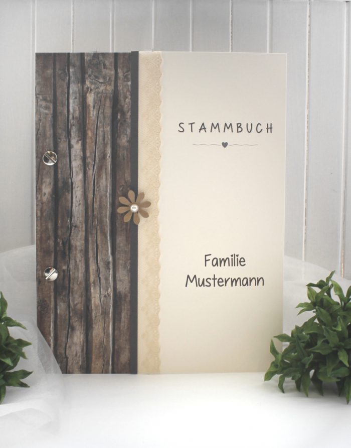 Stammbuch mit Namen Holzoptik rustikal mit echter Spitze und Blüte 12027, A5, zum kleinen Preis