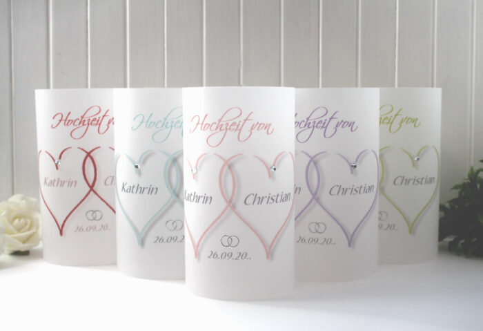 Lichthülle, Windlicht Pergament "2 Herzen" zur Hochzeit Design 10001