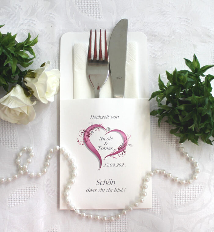 Bestecktasche zur Hochzeit, "Herz" Design 10008 wahlweise in: rosa-blau-grün-bordeauxrot-lila-türkis – Bild 2