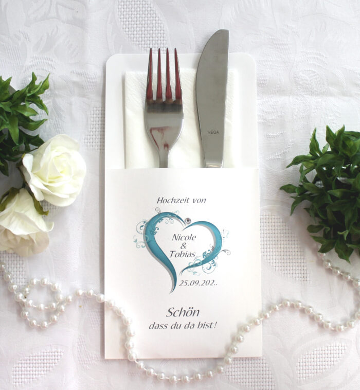 Bestecktasche zur Hochzeit, "Herz" Design 10008 wahlweise in: rosa-blau-grün-bordeauxrot-lila-türkis – Bild 7