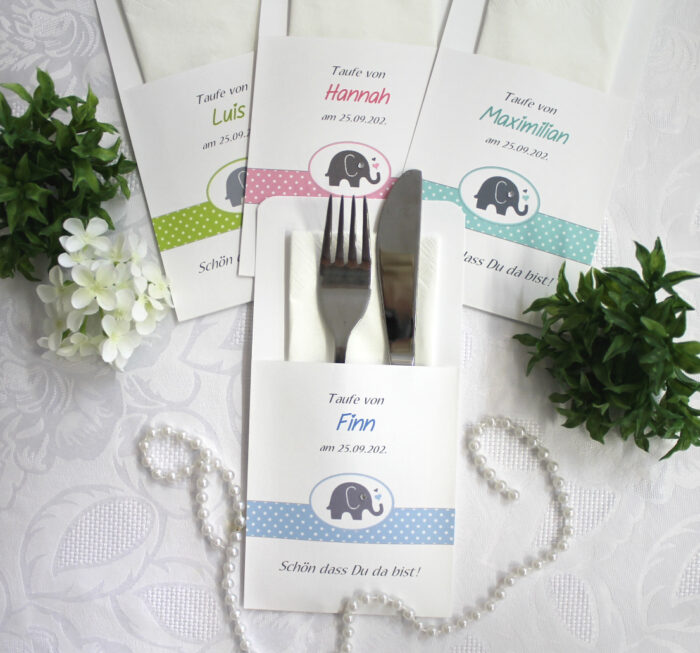 Bestecktasche zur Taufe in 4 Farben "Elefant mit Herz" personalisiert, Design 207 in grün-rosa-tükis oder blau