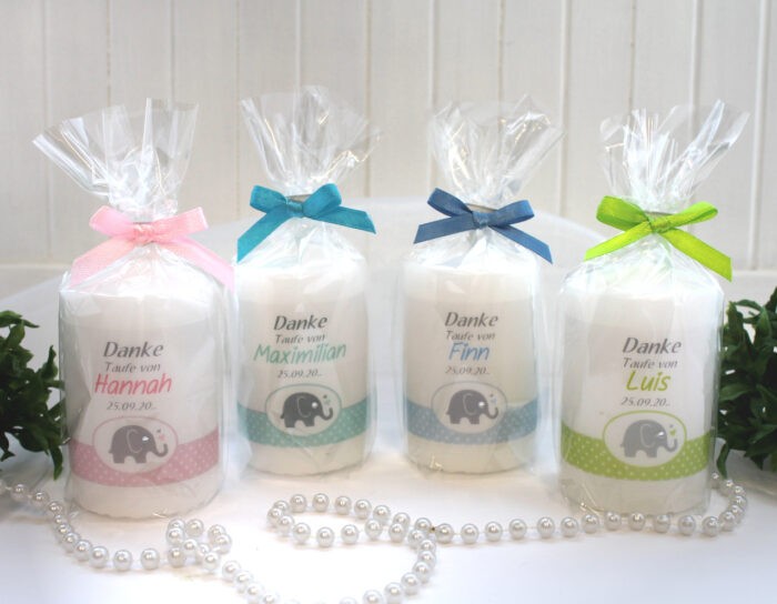Gastgeschenk Kerze zur Taufe personalisiert "Elefant mit Herz" in 4 Farben Design 207