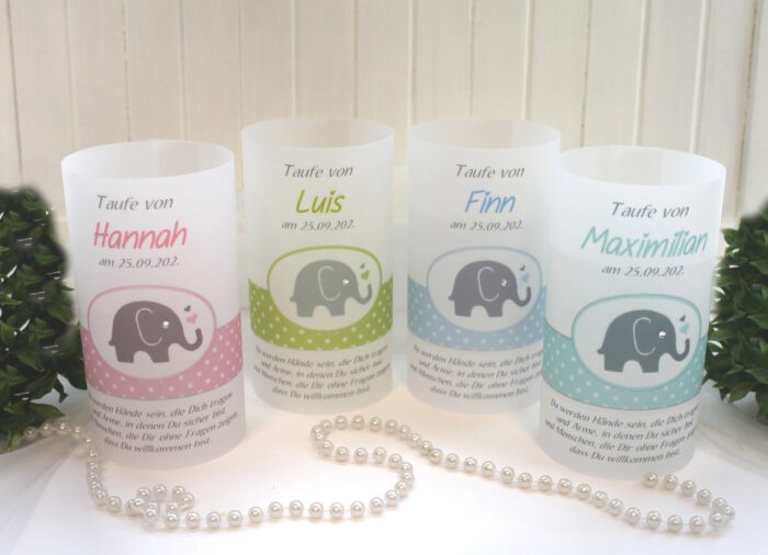 Lichthülle, Windlicht Pergament zur Taufe "Elefant mit Herz" in 4 Farben personalisiert Design 207