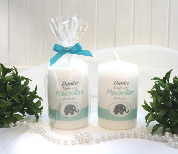 Gastgeschenk Kerze zur Taufe personalisiert "Elefant mit Herz" in 4 Farben Design 207 – Bild 3