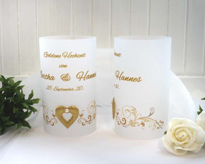 Lichthülle, Windlicht Pergament "Zur goldenen Hochzeit" mit goldenem Herz Design 403