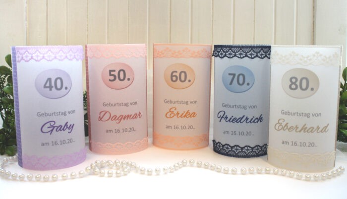 Lichthülle, Windlicht Pergament "zum Geburtstag" mit echter Spitze, in 5 Farben Design 421