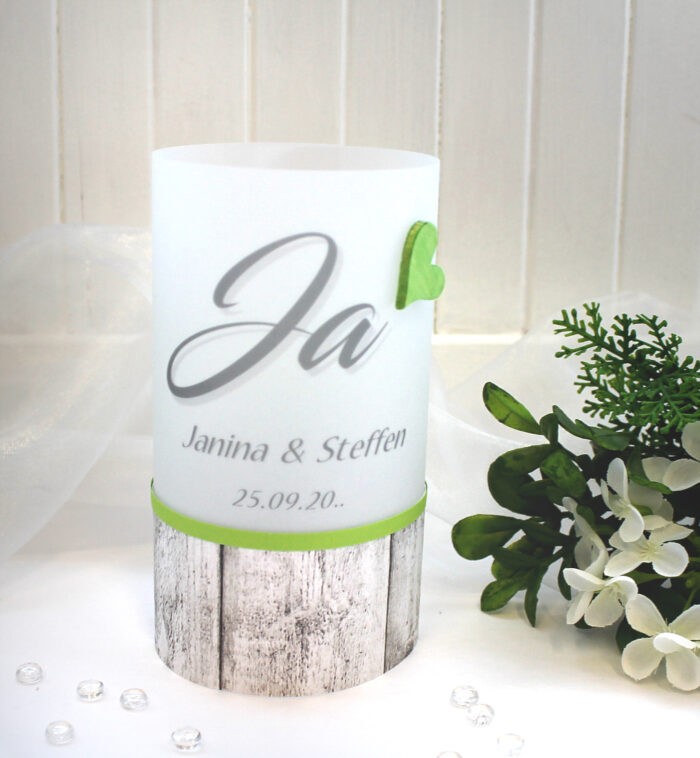 Lichthülle, Windlicht Pergament zur Hochzeit "Ja" Holzoptik mit Holzherz, personalisiert, Design 12036 – Bild 3
