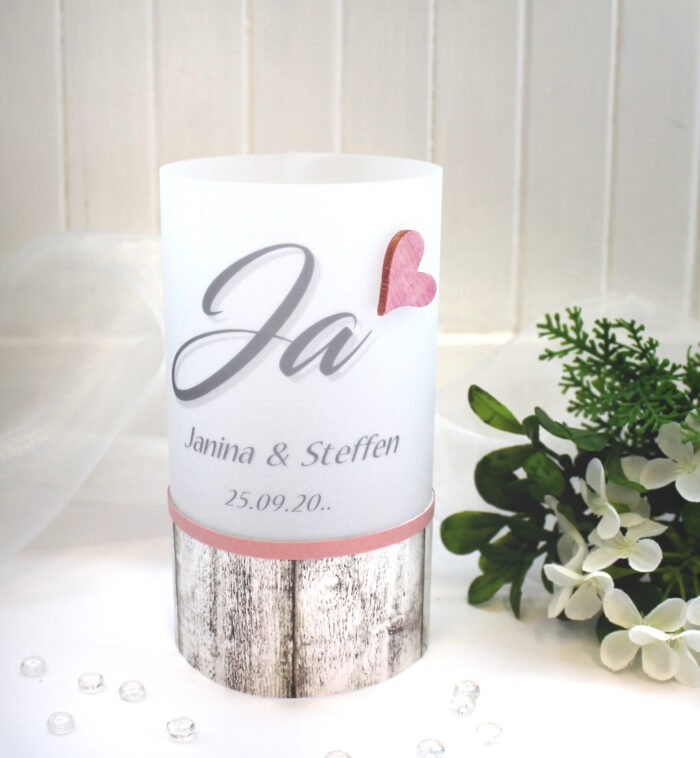 Lichthülle, Windlicht Pergament zur Hochzeit "Ja" Holzoptik mit Holzherz, personalisiert, Design 12036 – Bild 2