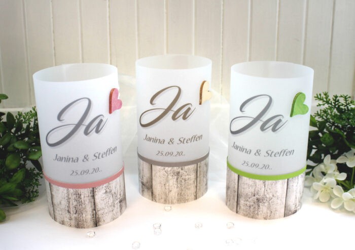 Lichthülle, Windlicht Pergament zur Hochzeit "Ja" Holzoptik mit Holzherz, personalisiert, Design 12036