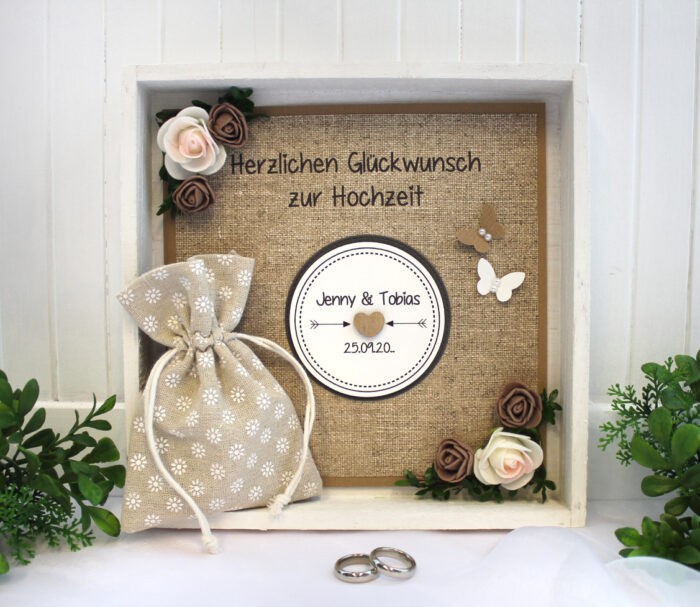 Geldgeschenk "Leinenoptik" zur Hochzeit im Holzrahmen Vintage Style, 22x22cm Design 616