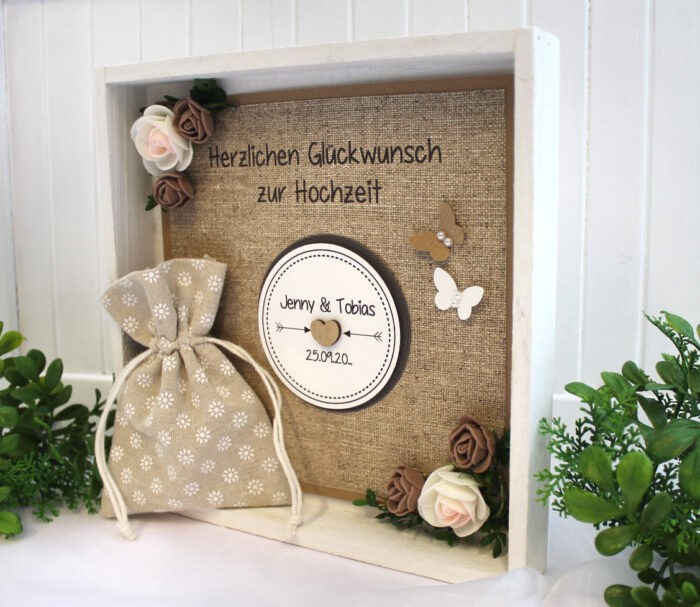 Geldgeschenk "Leinenoptik" zur Hochzeit im Holzrahmen Vintage Style, 22x22cm Design 616 – Bild 2