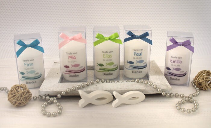 Gastgeschenk Kerze "Welle mit Fisch" zur Taufe, Konfirmation oder Kommunion, Design 212