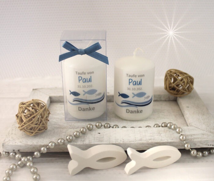 Gastgeschenk Kerze "Welle mit Fisch" zur Taufe, Konfirmation oder Kommunion, Design 212 – Bild 7