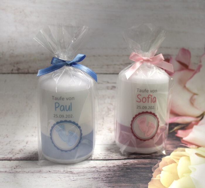 Gastgeschenk Kerze zur Taufe "kleine Füße" hellblau oder rosa Design 200 Größe: 8x5cm!!!