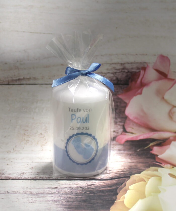 Gastgeschenk Kerze zur Taufe "kleine Füße" hellblau oder rosa Design 200 Größe: 8x5cm!!! – Bild 3