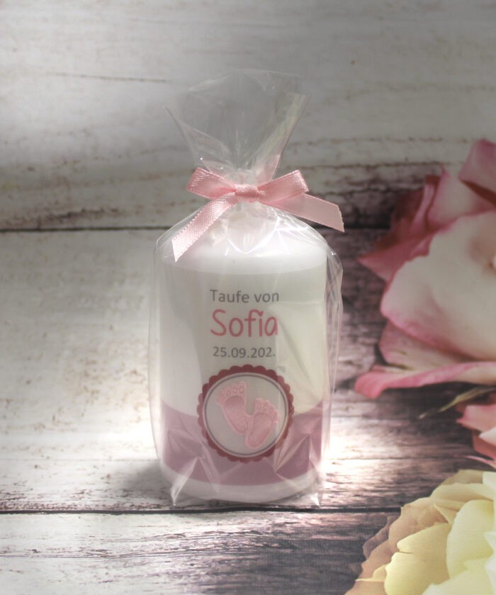 Gastgeschenk Kerze zur Taufe "kleine Füße" hellblau oder rosa Design 200 Größe: 8x5cm!!! – Bild 4