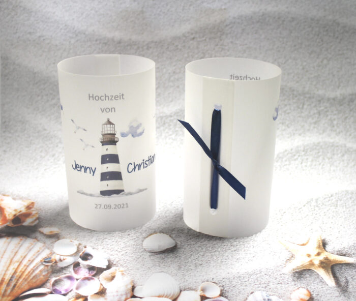 Windlicht zur Hochzeit "Leuchtturm", personalisiert, Design 410