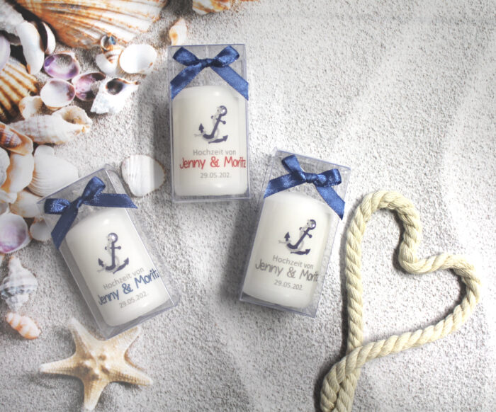 Gastgeschenk Kerze zur Hochzeit, "Anker Maritim" Design 414