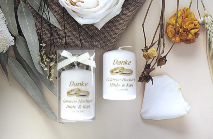 Gastgeschenk Kerze zur Goldenen Hochzeit "Ringe" incl. Namen und Datum, Design 501