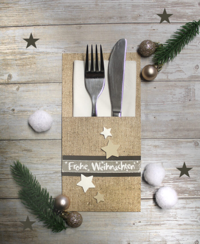 Bestecktasche in Leinenoptik zu Weihnachten mit echtem Leinenband "Frohe Weihnachten" Design 903 Mindestbestellmenge 10 Stück