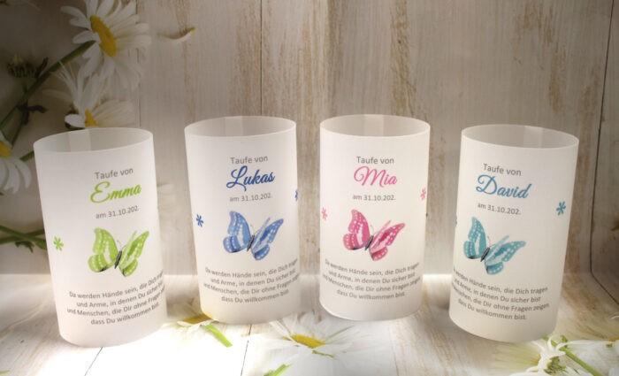Lichthülle, Windlicht Pergament zur Taufe, Konfirmation oder Kommunion "Schmetterling" Design 215