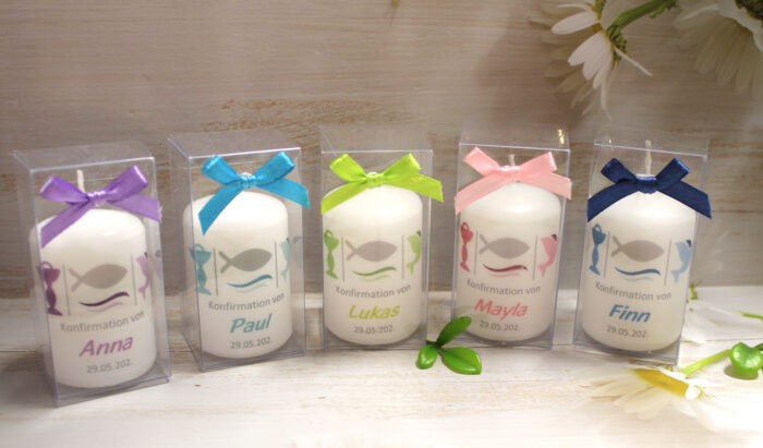 Gastgeschenk Kerze "3 Motive" Kelch-Fisch-Taube zur Konfirmation, Kommunion oder Taufe, personalisiert Design 314