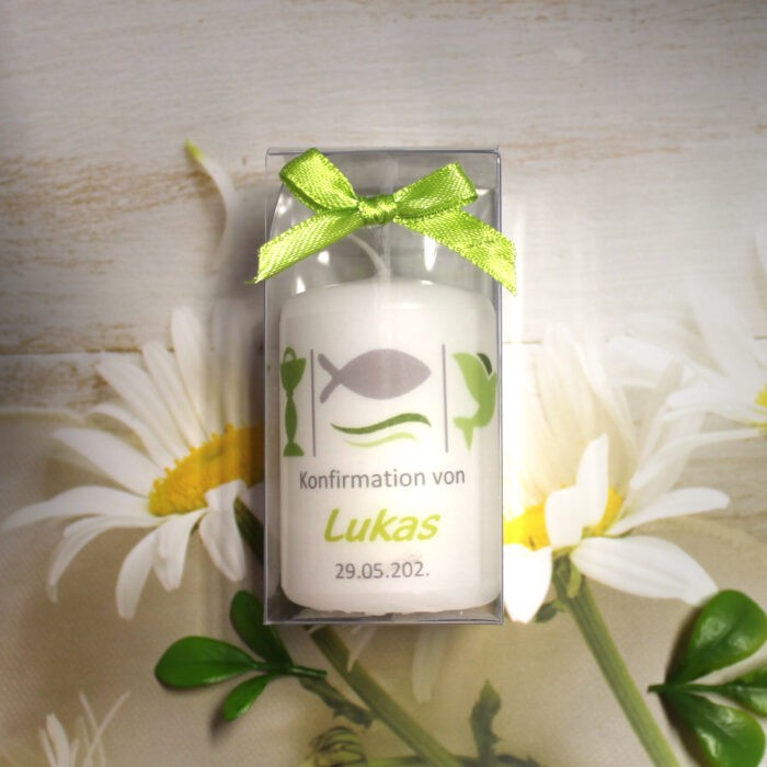 Gastgeschenk Kerze "3 Motive" Kelch-Fisch-Taube zur Konfirmation, Kommunion oder Taufe, personalisiert Design 314 – Bild 6