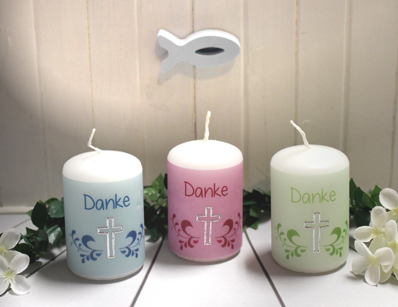 Kommunion Taufe Hochzeit Gastgeschenke Konfirmation Tischdeko Kerze Kreuz 
