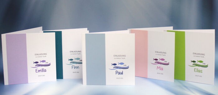 Einladung zur Konfirmation-Kommunion oder Taufe "Welle mit Fisch" incl. Umschlag & Einlegeblatt Design 212 Mindestbestellmenge 5 Stück!!