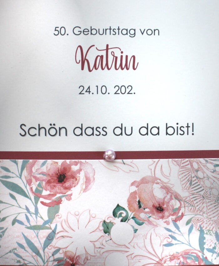 Bestecktasche zum "Geburtstag" mit Blüten und Perle, Design 7202 – Bild 2