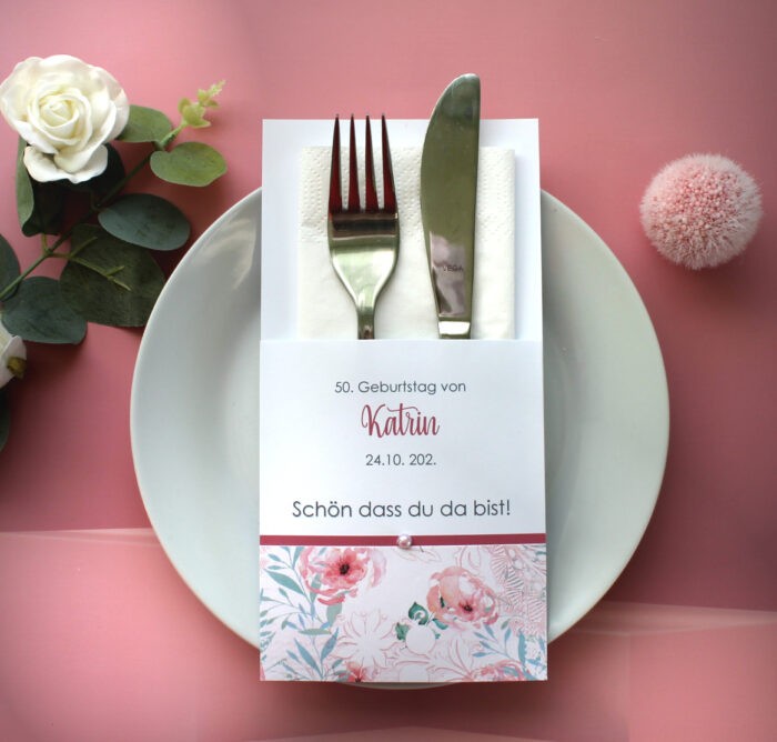 Bestecktasche zum "Geburtstag" mit Blüten und Perle, Design 7202