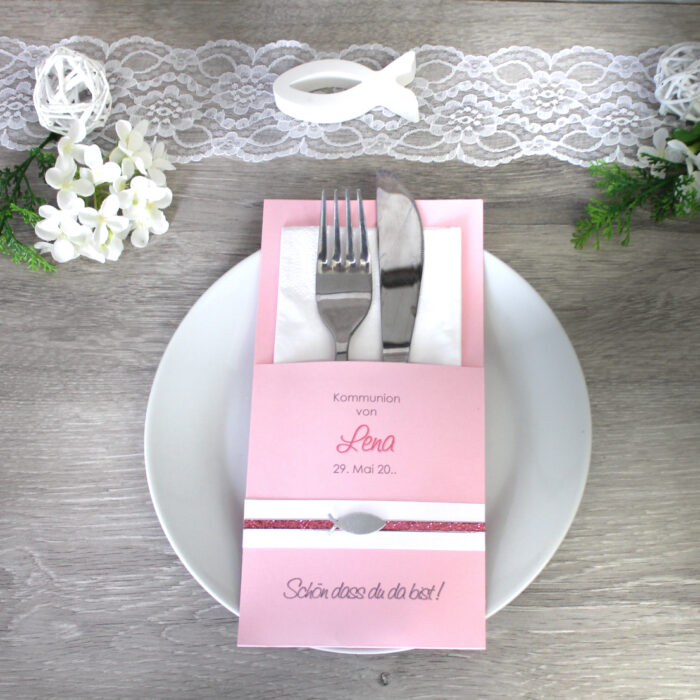 Bestecktasche rosa mit Glitzerstreifen und Spiegelfisch zur Konfirmation, Kommunion oder Taufe, Design 316