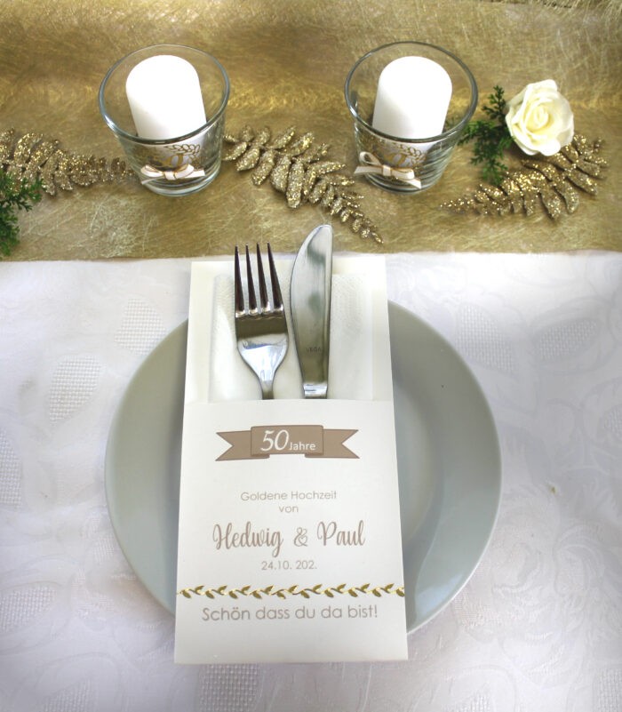 Bestecktasche perlmutt zur "Goldenen Hochzeit" mit glänzender Blätterranke, Design 7104