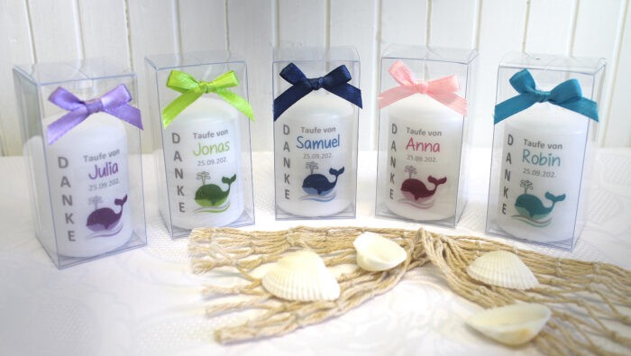 Gastgeschenk Kerze zur Taufe "Kleiner Wal" incl. Namen und Datum, Design 216