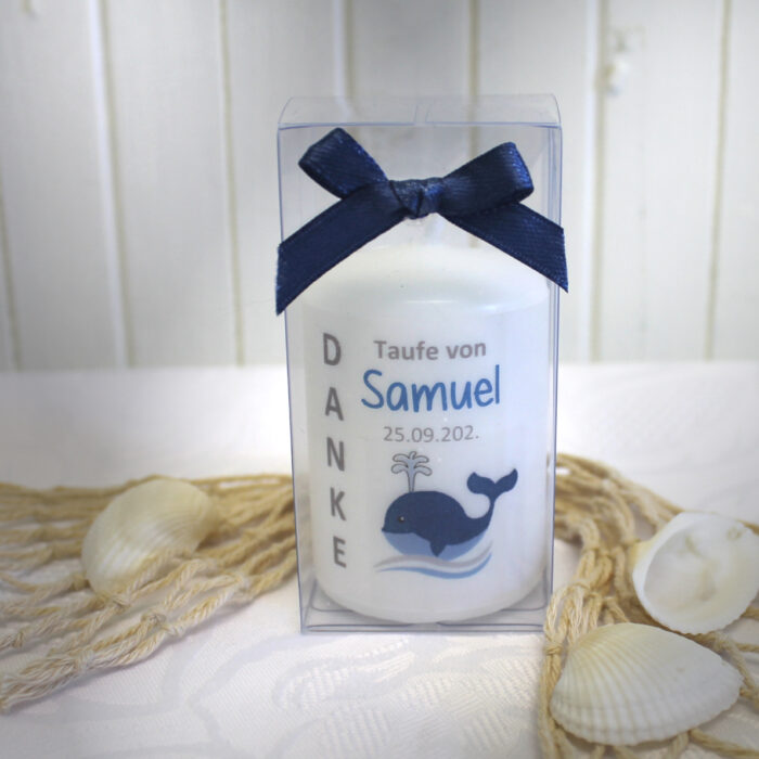 Gastgeschenk Kerze zur Taufe "Kleiner Wal" incl. Namen und Datum, Design 216 – Bild 7