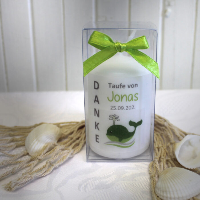 Gastgeschenk Kerze zur Taufe "Kleiner Wal" incl. Namen und Datum, Design 216 – Bild 6