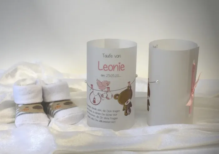 Lichthülle, Windlicht Pergament zur Taufe „kleiner Bär“ rosa oder hellblau personalisiert Design 203