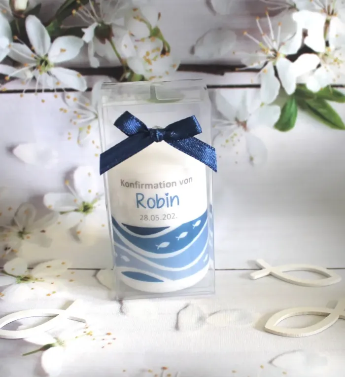 Gastgeschenk Kerze zur Konfirmation - Kommunion oder Taufe "Welle" Design 302 – Bild 3