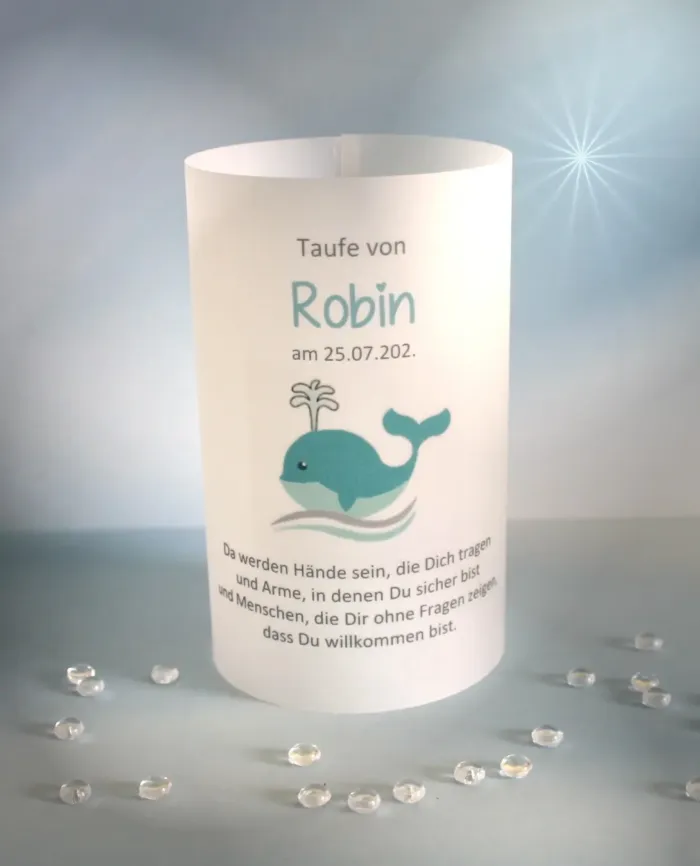 Lichthülle, Windlicht Pergament zur Taufe, Konfirmation oder Kommunion "Kleiner Wal" Design 216 – Bild 5